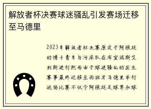 解放者杯决赛球迷骚乱引发赛场迁移至马德里