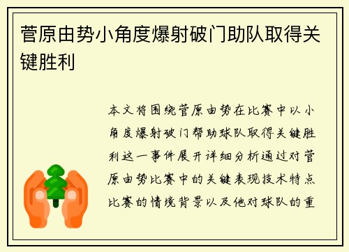 菅原由势小角度爆射破门助队取得关键胜利